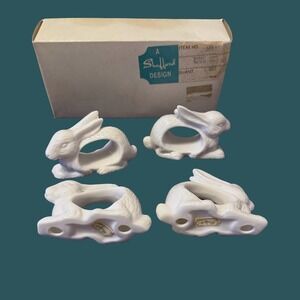 Vintage Shafford White Ceramic Rabbit Napkin Rings Set of 4 Original Box 2082